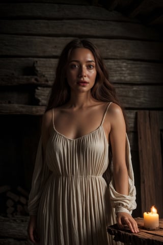 A mesmerizing woman in a gossamer, off-white dress emerges as the central focal point of a dimly lit, cavernous interior of an aged wooden hut. Her lustrous, chestnut hair cascades in unruly waves, framing a face of porcelain-like clarity. Deep-set hazel eyes, intense and penetrating, seem to shimmer with an inner light. Her lips, slightly parted, carry a shade of muted rose, and her skin, flawless and luminescent, stands in stark juxtaposition to the rugged environment.

The backdrop is dominated by time-worn wooden logs and planks, their textures rough and grooved from years of exposure to the elements. Cobwebs, barely visible, cling to the corners, hinting at the passage of time and neglect. In the forefront, remnants of ashen wood rest, remnants of a fireplace, its purpose long forgotten. Adjacent to it, the hazy outlines of primitive tools and structures suggest traces of past habitation or arcane ceremonies.

The entirety of the scene is steeped in profound mysticism. Every intricate detail, from the subtle ripples in her dress to the spectral play of light and shadow, weaves a tale of enchantment, solitude, and timeless beauty.

You can also add additional keywords to your query, such as:

woman
dress
hut
forest
night
magic
mystery
enchantment
solitude
beauty