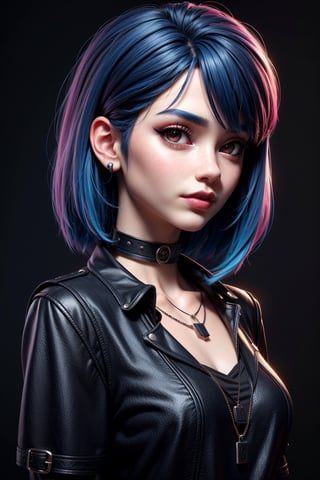 masterpiece, best quality,3d rending work ,3DMM style,close-up,portrait, 3D,1girl, solo, multicolored hair, blue hair, black hair, necklace, freckles, jewelry, two-tone hair, looking to the side, realistic, upper body, simple background, bangs, looking away, short hair, parted lips, black eyes, lips, gothic, choker, makeup, mole, black shirt, shirt, watermark