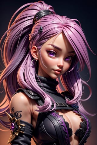 3dmm style,(masterpiece, top quality, best quality, official art, beautiful and aesthetic:1.2), (fractal art:1.3), 1girl, beautiful, high detailed, purple hair with a hint of pink, pink eyes, dark lighting, serious face, looking the sky, sky, medium shot, black sweater, jewelry