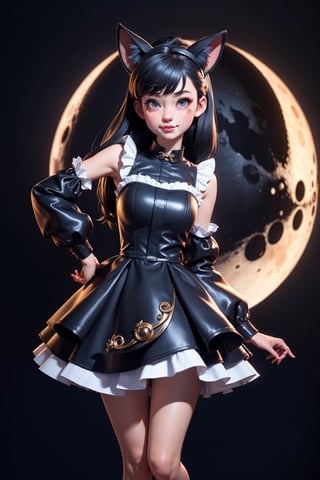 3dmm style,(masterpiece, best quality:1.4), midnight, cool, vivid, mesmerizing, 1girl, dress, dog ears, moon, full body