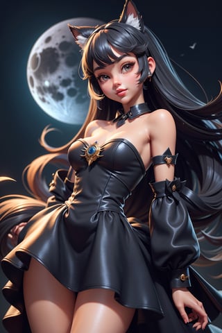 3dmm style,(masterpiece, best quality:1.4), midnight, cool, vivid, mesmerizing, 1girl, dress, dog ears, moon