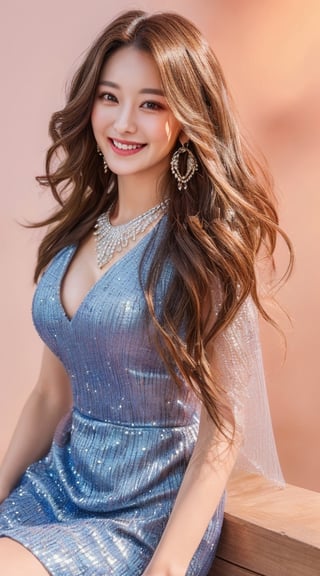 (Real, masterpiece, highest quality, 1 woman with attention to detail), Asian girl, large chest, cute face, cute eyes, smiling medium and long brown bob hair, detailed face, detailed eyes, earrings and necklace beautiful dress