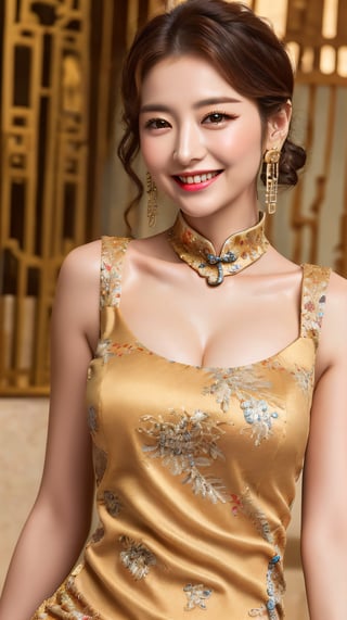 (Real, masterpiece, highest quality, 1 woman with attention to detail), Asian girl, large chest, cute face, cute eyes, smiling medium and long brown bob hair, detailed face, detailed eyes, earrings and necklace (china dress:1.5)