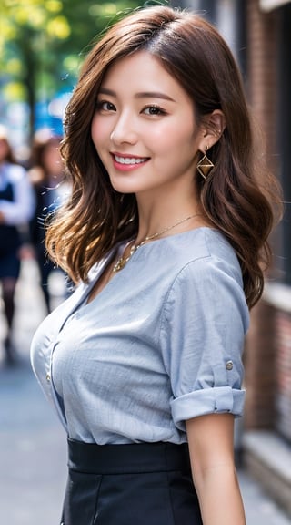 (photorealistic, masterpiece, best quality, highly detailed), ((1 beautiful business woman)), asian girl, large-sized breasts, beautiful face, beautiful eyes, smiling, medium-lengh light-brown bob hair, detailed face, detailed eyes, earrings, necklace, wearing short-sleeved business blouse, (black mini-skirt), beautiful long legs, realistic detailed skin texture, detailed hair, walking on a street, 8k resolution, close-up portrait, sharp-focus