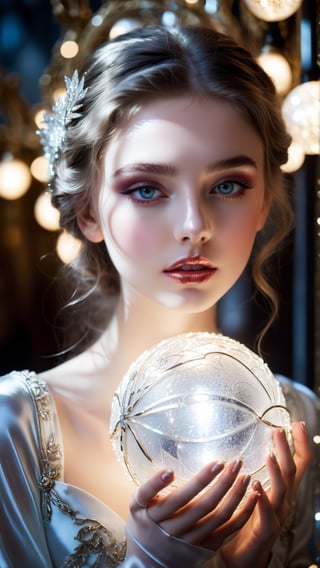 A beautiful 18-year-old French girl, beautiful shimmering makeup, frosty lips, icy eyeshadow, white reflective eyes, pale ornate silk clothing, cradling glowing orbs of light in her hands