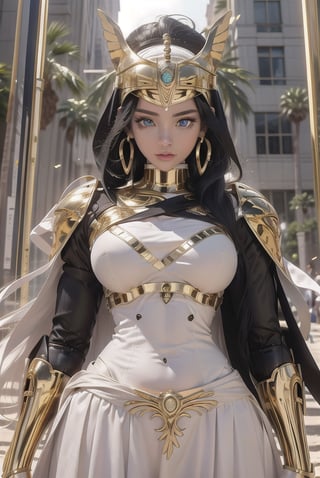 vibrant colors, cyber girl, masterpiece, sharp focus, best quality, depth of field, cinematic lighting, white hair, light blue eyes, Egyptian, wide hips, teenage woman with robot parts, big breasts, curves, gold jewelry Egyptian, Egyptian royal gold pyramid, brown skin ((like chocolate)). Behind her stands Osiris, holding her shoulders..