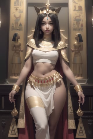 vibrant colors, girl, masterpiece, sharp focus, best quality, depth of field, cinematic lighting, black hair, red eyes, egyptian, wide hips, mature female, large breasts, curvy, gold egyptian jewelry, royal gold egyptian pyramid, dark skin, 