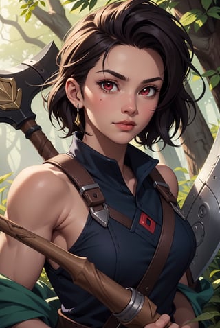 1girl, solo, happy expression, (muscular, strong biceps, holding battle axe), in forest, flower on side of head, heroic fantasy, final fantasy feel, dungeons and dragons vibe, dark hair, short hair, shaved hair on one side, strong vibes, pixar art style, overwatch art style, best quality, masterpiece, red eyes, detailed eyes, wide shot, Pathfinder, Wayne Reynolds, Fantastic art, character portraits