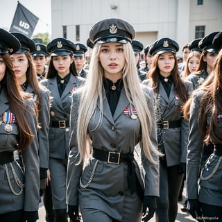 Best quality, 8k, 32k, Masterpiece, Photorealistic, high contrast, (UHD:1.2), lifelike rendering, gun, ak-47,angelawhite, leader with a haphazard sash and dangling medals, SS uniform