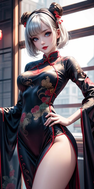 1 girl,adorable,happy,cheongsam,chinese_clothes,hairband,white hair,short hair,blue eyes,makeup,large ass,thick thighs,wide hips,elegant pose,looking at viewer,more detail,red embroidary ,flat chest,no breasts