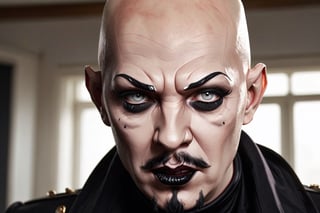 photo of a exquisitely beautiful pale skin goth Anton Lavey as Lenin, black make-up, bald, grey eyes, black mascara, black lipstick, mohawk, satanist, 33yo, photograph by Sanne van rozendaal, Thorough, analog style, eye focus, highest quality, (highly detailed skin), perfect face, alluring eyes, skin pores, (piercing:0.5), indoor, messy bedroom, (bokeh:0.6), sharp focus, dappled lighting, (backlighting:0.7), film grain, photographed on a Sony A7R IV, 18mm F/1.7 cine lens, (highly detailed, intricately detailed), 8k, HDR, posing, front view, (upper body:0.9)