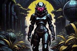 full body portrait of cyberpunk soldier in black kevlar military space suit with space helmet, scavenging ancient alien ruins, space punk, alien planet, jungle, neo-classical domed biospheres designed by Buckminster Fuller and Albert Speer, dark fantasy, Jotunheim, home of the jötnar, vast and chaotic wilderness, Oil on canvas in the style of JBC Corot, Yoshikata Amano, Andy Kehoe, Ismail Inceoglu, Russ Mills, Victo Ngai, Bella Kotak, noir, by charlie bowater and dan mumford and trevor Brown, heavy shadows, dark tones, city background, noir, gloomy, dark, neo-noir cyberpunk city, intricate, elegant, highly detailed, devil-armor, 2D motifs detailed dark fantasy digital painting, artstation, concept art, smooth, sharp focus, illustration, art by Otomo Katsuhiro and Shirō Masamune and Oshii Mamoru, style of Jason de Graaf, James Clyne, intricately detailed, cyberpunk, pop art, long exposure, sharp focus, radiant, trending on Artstation, abstract art complementary colors fine details, nost