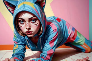 Painting by Alex Garant, gorgeous woman in hooded cat onesie on all fours, cat ears, cat tail, optical illusion, deconstruction, dizzying, intricate detail, vivid color palette, repetitive patterns, disorienting