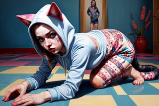 Painting by Alex Garant, gorgeous woman in hooded cat onesie on all fours, cat ears, cat tail, optical illusion, deconstruction, dizzying, intricate detail, vivid color palette, repetitive patterns, disorienting