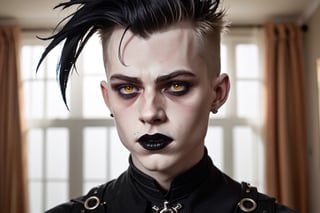 photo of a exquisitely beautiful pale skin goth Hungarian boy, black make-up, black mascara, black lipstick, mohawk, amber eyes, satanist, 25yo, photograph by Sanne van rozendaal, Thorough, analog style, eye focus, highest quality, (highly detailed skin), perfect face, alluring eyes, skin pores, (piercing:0.5), indoor, messy bedroom, (bokeh:0.6), sharp focus, dappled lighting, (backlighting:0.7), film grain, photographed on a Sony A7R IV, 18mm F/1.7 cine lens, (highly detailed, intricately detailed), 8k, HDR, posing, front view, (upper body:0.9)