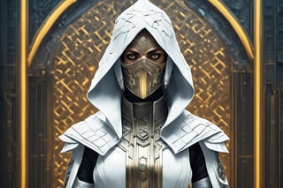  close-up of (("assassin's creed")) ((fremen)) sultan ninja iman sheikh wearing (futuristic) (cyberpunk) white cyber-onesie and white saudi Gutra headdress, standing next to retrofuturistic white armoured military quadcopter with Arabic decoration parked in spacepunk atompunk space port, in dubai "abu dabi" (coruscant), with lots of LCD screens and neon, ((in the style of Liam wong)), in the middle of a square in Gotham, lithograph, in the style of Gustave Doré and arcane and fernanda suarez and bioshock and dishonored, unrestricted universal love, improve coloring, transparent neon Hologram beam of light, [[[[[Highly Evolved Neo HipHop environment]]]]],[[[Photorealistic photo of Hyperrealistic art Wonderful, cityscape background fusion, biomechanical details, (white and iridescent colors:1.1) bright colors, alchemist, alt_style, cinematic, 35mm film, 35mm photography, film, photo realism, DSLR, 8k uhd, hdr, ultra-detailed, high quality]]] <additional details> stunning appeal, perfect composition, beautiful detailed intricate insanely detailed octane render trending on artstation, 8 k artistic photography, photorealistic concept art, soft natural volumetric cinematic perfect light, award winning photograph, masterpiece, oil on canvas