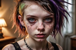 photo of a exquisitely beautiful pale skin punk french girl, 21yo, courtesane, photograph by Sanne van rozendaal, Thorough, analog style, eye focus, highest quality, (highly detailed skin), perfect face, alluring eyes, skin pores, (piercing:0.5), indoor, messy bedroom, (bokeh:0.6), sharp focus, dappled lighting, (backlighting:0.7), film grain, photographed on a Sony A7R IV, 18mm F/1.7 cine lens, (highly detailed, intricately detailed), 8k, HDR, posing, front view, (upper body:0.9)