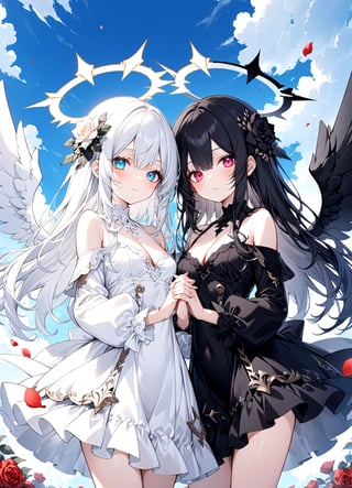 2girl, twins, white_angel with white further wing and white halo, black_angel with black further wing and dark halo, cowboy shot,cleavage,off shoulder,hair flower, off-shoulder dress, puffy long sleeves, puffy sleeves, rose petals, Heterochromatic pupil, cloud, sky, holding hands
