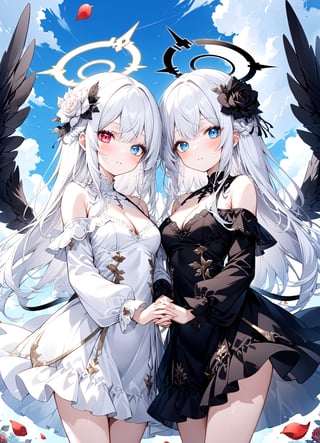 2girl, twins, white_angel with white further wing and white halo, black_angel with black further wing and dark halo, cowboy shot,cleavage,off shoulder,hair flower, off-shoulder dress, puffy long sleeves, puffy sleeves, rose petals, Heterochromatic pupil, cloud, sky, holding hands
