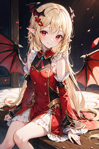  (loli:1.2),(petite:1.2),sitting,masterpiece, {highres},((ultra-detailed)),(detailed light),ray tracing,{an extremely delicate and beautiful},1girl,loli,(blonde clothes:1.2),(red clothes:1.2),white clothes,bangs,blue bat wings,detached sleeves, hair ornament, head wings, long hair, looking at viewer, pointy ears,red eyes, smile, solo,cuteloli