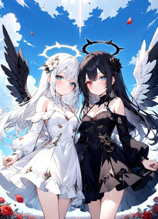 2girl, twins, white_angel with white further wing and white halo, black_angel with black further wing and dark halo, cowboy shot,cleavage,off shoulder,hair flower, off-shoulder dress, puffy long sleeves, puffy sleeves, rose petals, Heterochromatic pupil, cloud, sky, holding hands
