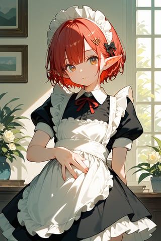 (score_9, score_8_up, score_7_up), 1girl, solo, short hair, looking at viewer, bangs, hair ornament, elf, red hair, maid, maid headress, hand on own stomach, pointy_ears