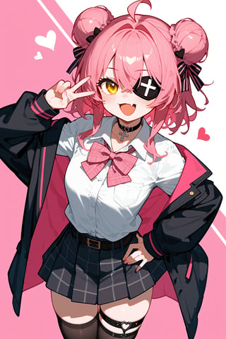 (score_9, score_8_up, score_7_up), 1girl, solo, pink hair, skirt, shirt, eyepatch, ahoge, pink bowtie, bow, black skirt, white shirt, choker, hair bun, black choker, thigh strap, double bun, fang, black belt, pleated skirt, bowtie, smile, pink bow, v, collared shirt, thighhighs, belt, yellow eyes, looking at viewer, loose bowtie, long sleeves, open mouth, solo focus, plaid, hair between eyes, school uniform, blush, cross, hand on own hip, heart ahoge, cross choker, miniskirt, black thighhighs, dress shirt, medium hair, plaid bow