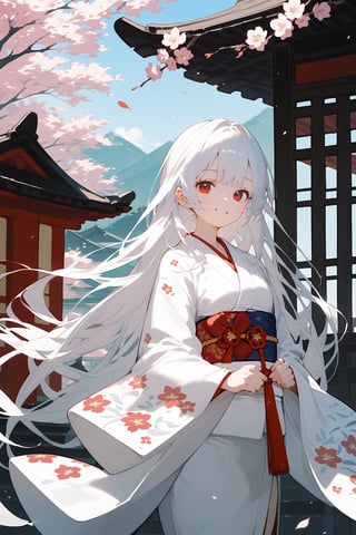 (score_9, score_8_up, score_7_up), 1girl, solo, long hair, smile, bangs, red eyes, long sleeves, very long hair, white hair, cowboy shot, japanese clothes, wide sleeves, kimono, sash, obi, white kimono, floral print, scenery