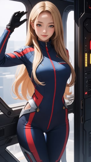 (masterpiece, best quality), intricate details, 1girl, long hair, blond hair, (smile:0.5), scifi jumpsuit,