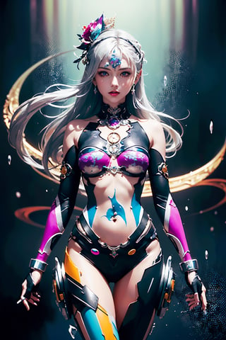 (masterpiece, top quality, best quality, official art, beautiful and aesthetic:1.2), (1girl:1.2), sexy, extreme detailed,(abstract:1.4, fractal art:1.3),(silver_hair:1.1), fate \(series\), colorful,highest detailed, (splash_art:1.2), jewelry:1.4, 