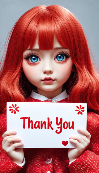 (Very pretty Chinese supermodel girl, with beautiful red hair, big blue eyes, bright and vibrant, long and thick eyelashes, holding a big sign with the words "Thank you ♥" in both hands. The background is cute, light tones, Mark Ryden style), detailed texture, high quality, high resolution, high precision, realism, color correction, suitable lighting settings, harmonious composition, Behance work, text, the text is "Thank you"