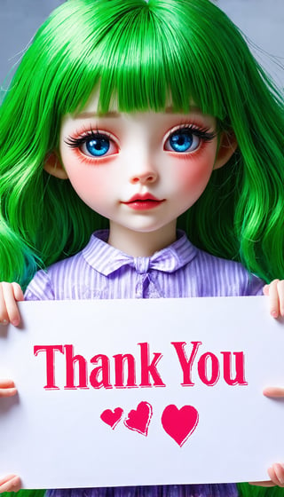 (Very pretty Chinese supermodel girl, with beautiful green hair, big blue eyes, bright and vibrant, long and thick eyelashes, holding a big sign with the words "
Thank you ♥" in both hands. The background is cute, light tones, Mark Ryden style), detailed texture, high quality, high resolution, high precision, realism, color correction, suitable lighting settings, harmonious composition, Behance work, text, the text is "Thank you"