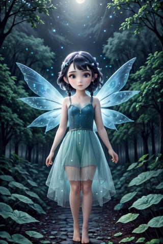 modisn Disney (Disney Pixar Style: 1.2) (Cute Cute Girls: 1.1), humanoid fairy, charming, whimsical, pale skin, mysterious, magical, ethereal, wings, forest, moonlight, starlight, mist, tranquility, fairy lights, Soft focus, thin and toned, firm chest,