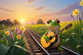 Walking beside the railway, I carry my guitar,
The reed flowers lower their heads and smile,the frog looks up,
Harmony one sentence at a time and sing one by one,The old cow looks at me,
The snail walks slowly under the sunset.