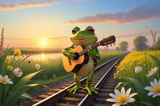 Walking beside the railway, I carry my guitar,
The reed flowers lower their heads and smile,the frog looks up,
Harmony one sentence at a time and sing one by one,The old cow looks at me,
The snail walks slowly under the sunset.