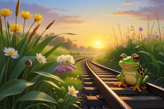 Walking beside the railway, I carry my guitar,
The reed flowers lower their heads and smile,the frog looks up,
Harmony one sentence at a time and sing one by one,The old cow looks at me,
The snail walks slowly under the sunset.