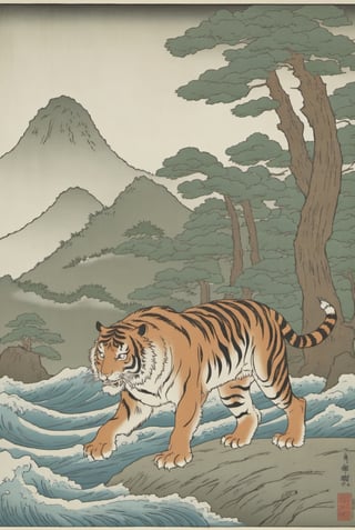 masterpiece, 
tiger walking down mountain, sea wave,pine tree, 2d lineart, tribal,ukiyoe