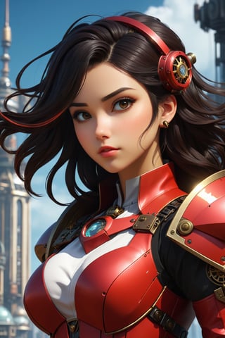 best quality , steampunk style, masterpiece, illustration, an extremely delicate and beautiful, extremely detailed, CG ,unity,8k wallpaper, Amazing, finely detail, masterpiece, best quality, official art, extremely detailed CG unity 8k wallpaper, absurd res, incredibly absurdres, ultra-detailed, high res, extremely detailed, beautiful detailed girl, light on face, 1girl, mecha, red armor, mechanical_body, black hair, spaceship, city, cyberpunk, star_sky,