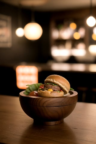 centered, photography, | wooden bowl, tiny doble burger, delicious, symetrical, realistic, | bokeh, depth of field, | bar, drinking bar, tavern, cozy lights, 