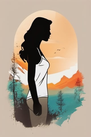 A minimalist, t-shirt design with a vintage twist, featuring a sleek and stylized unclad woman body silhouette against a faded, women body is painting about nature, awosome, bright.


