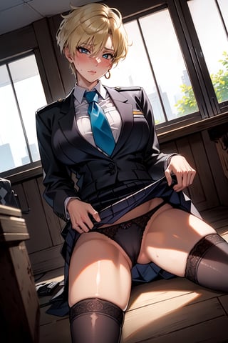 high_res,mastepeice,police_uniform,skyblue shirt,tie,(black slit_skirt:1.3),(skirt lifted to reveal panties),(black_stocking:1.4),(white_lace_panties1.4), seductive, 1woman,haruka,aakusanagi,short hair,blonde hair,blue eye,
mature_female,large_breasts,
cowboy_shot,
low angle shot,low angle perspective,
in police office,indoors,
kneeling,leg_spread, short hair, skirt_lift,
Shy, blushing, sweating,juicy_panties,