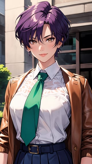 (masterpiece, best quality), intricate details, thin, ((slim)), beautiful girl,purple hair,short hair,(fashion short hair), white skin, maroon eyes,light brown cropped jacket,full lips,(mature figure:0.8), upper body closeup, smile,kind expression,haruka,aakusanagi,
white shirt,green tie,blue pleated skirt,leather belt