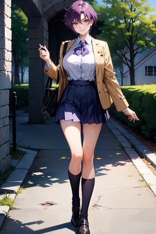 female_solo,mature_female,haruka,aakusanagi, short hair, purple hair,large breasts,smile,
Exquisitely designed school uniforms,white_blouse,miniskirt,brown school jacket,black stockings,standing,
At the school gate