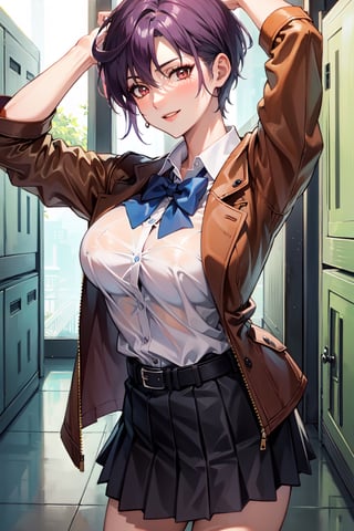 (masterpiece, best quality:1.3),highres,female_solo,mature_female,haruka,aakusanagi, NonoharaMikako,short hair, purple hair,red eye,large breasts,smile,makeup, eye shadow,
brown jacket,hands opening brown jacket,school uniforms,
white_shirt,green bow tie,dark blue pleated miniskirt,leather_belt,black thightghts,standing,(sweat:0.8)
seductive stance,
in school corridor,by the lockers,
cowboy_shot