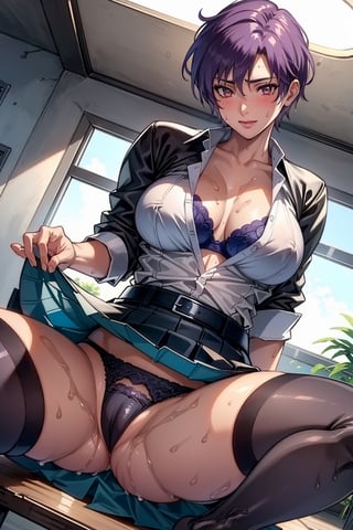 (masterpiece, best quality:1.3), highres, female_solo, mature_female, haruka, aakusanagi, NonoharaMikako, short hair, purple hair, red_eyes, large breasts, smile, makeup, eye shadow,
(white_soked_shirt:1.1),
sweating, wet_shirt, blue lace bra Under the soaked shirt , Shirt buttons unbuttoned to reveal breasts and blue bra, pleated_skirt , leather_belt, black Thigh High Stockings, sitting,
in class room, daytime,
leg_spread, hand lifted skirt to reveal darkblue panties,
Bold and sexy pose,one leg rise,
close up to pussy, low angle shoot, low angle perspective, , , , , 
, skirt_lift,sweat on crotch and thigh,jucy camel toe,blushing