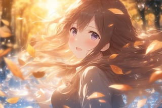 (masterpiece:1.2), best quality, anime, long hair, windblown, hair strands, light particle, 1girl, very short skirt, perfect face, cinematic lighting, shiny, sharp focus, depth of field, female, bloom, dramatic, blush, backlighting, gradient colors hair, interest, falling, slipped, pixiv, particles, water splashes, fall_leaves, forest environment