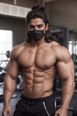 Indian man with a balck mask on his face in a gym, long thick hair , fit physique, aesthetic body , lean and aaesthetic , aesthetic build, fitness model, perfect muscle structure, exaggerated muscle physique, strong masculine features, aesthetic build, strong and aesthetic, 6 pack, ripped, bulging muscles, defined muscles, prefect body, strong body