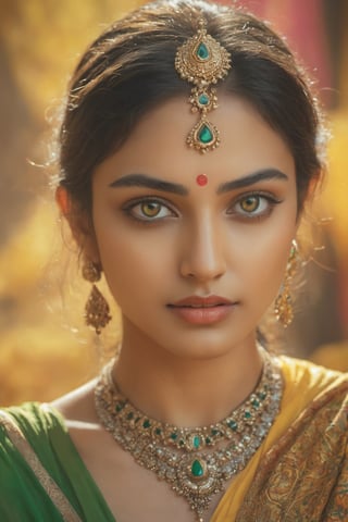 a mid-body shot of a fair hindu priestess, with emerald eyes, a hindu warrior goddess, a hindu princess portrait, a hindu goddess, wearing a golden gemstones studded jewelry, wearing a yellow saree, dynamic pose, psychedelic colour background, colourful digital fantasy art, soft film grading, cinematic, 8k highly detailed digital art, beautiful digital artwork, photo real, depth of filed, (high detailed skin:1.2), realistic eyes, 8k UHD,  DSLR,  soft lighting,  high quality,aesthetic portrait, front facing , blur background 