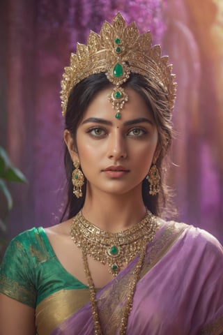 a mid-body shot of a fair hindu priestess, with emerald eyes, showing deep cleavage and belly button, a hindu warrior goddess, a hindu princess portrait, a hindu goddess, wearing a golden gemstones studded jewelry, wearing a lilac saree, dynamic pose, psychedelic colour background, colourful digital fantasy art, soft film grading, cinematic, 8k highly detailed digital art, beautiful digital artwork, photo real, depth of filed, (high detailed skin:1.2), realistic eyes, 8k UHD,  DSLR,  soft lighting,  high quality,aesthetic portrait, front facing , blur background 