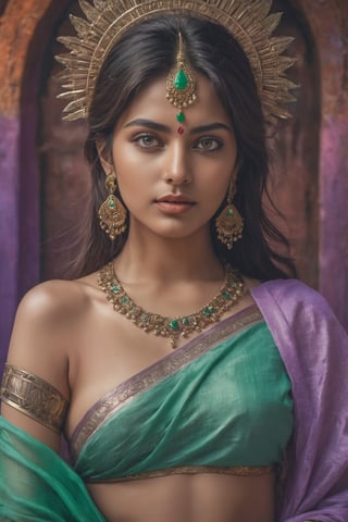 a mid-body shot of a fair indian priestess, shot upto waist, with emerald eyes, a warrior goddess, a princess portrait, a goddess, showing huge cleavage, boobs, belly button, wearing a lilac saree, dynamic pose, psychedelic colour background, colourful digital fantasy art, soft film grading, cinematic, 8k highly detailed digital art, beautiful digital artwork, photo real, depth of filed, (high detailed skin:1.2), realistic eyes, 8k UHD,  DSLR,  soft lighting,  high quality,aesthetic portrait, front facing , blur background 